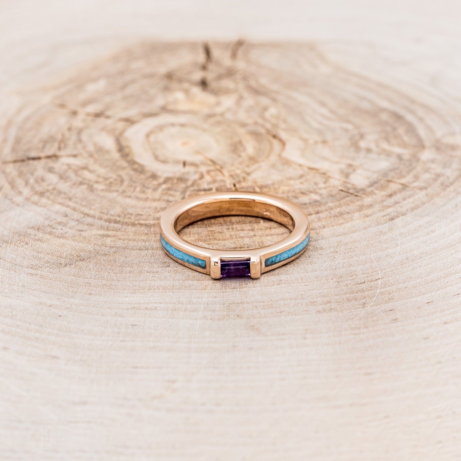 14K GOLD WEDDING BAND WITH AMETHYST CENTER STONE & TURQUOISE INLAYS-10
