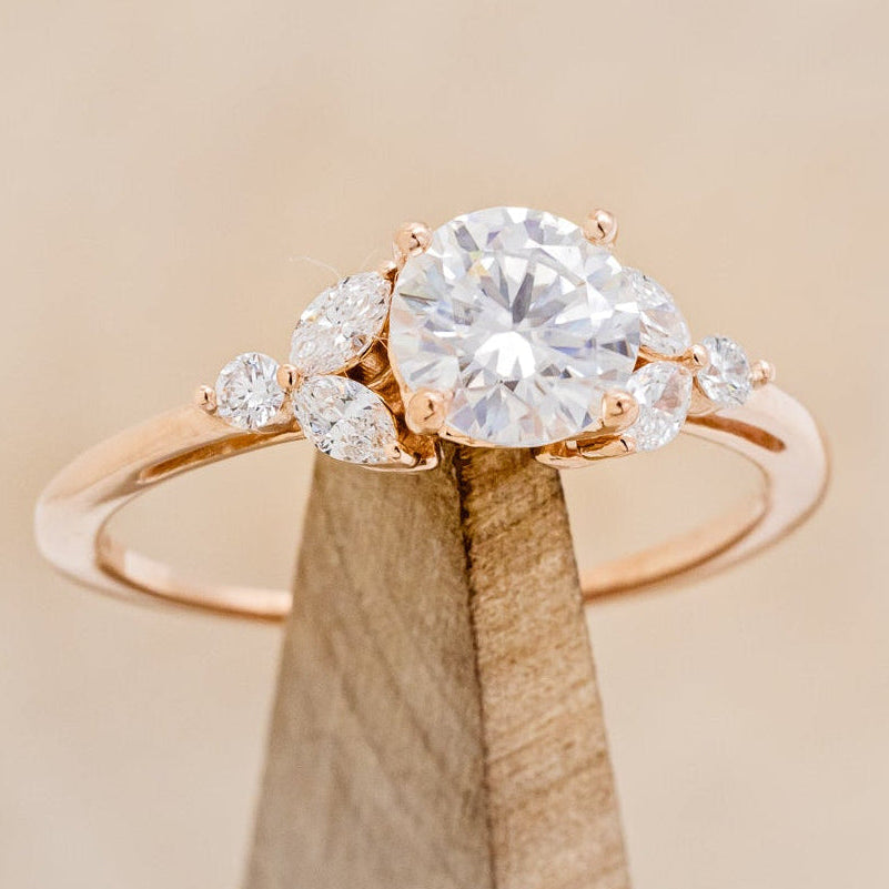 "BLOSSOM" - ROUND CUT MOISSANITE ENGAGEMENT RING WITH LEAF-SHAPED DIAMOND ACCENTS-7