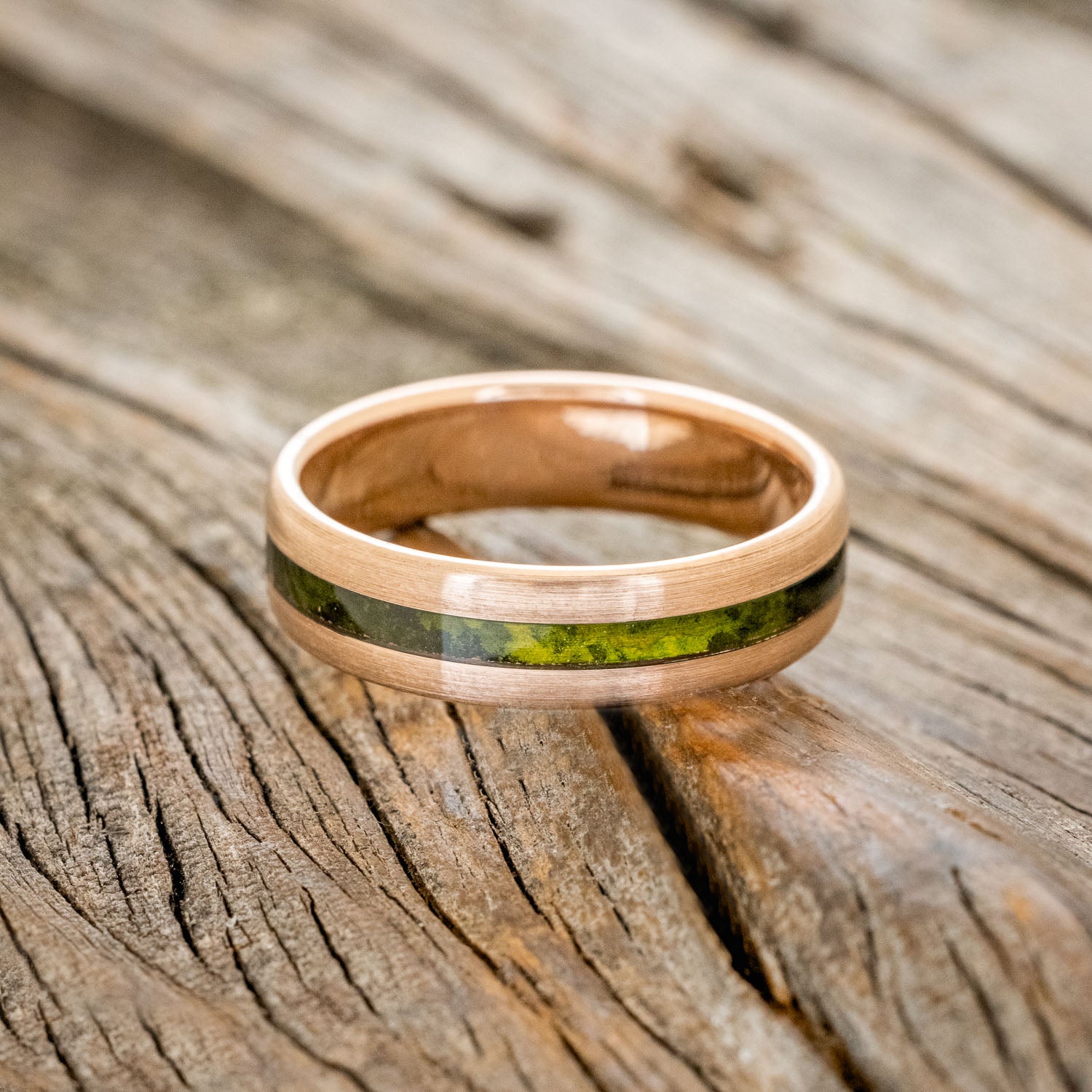 "NIRVANA" - CENTERED MOSSY PATINA COPPER WEDDING RING FEATURING A BRUSHED 14K GOLD BAND-3
