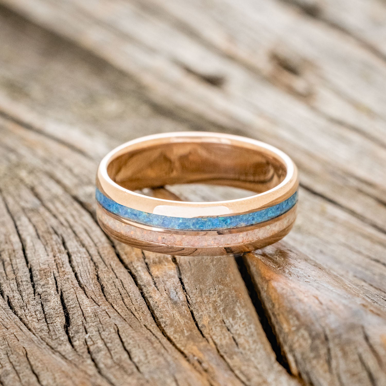 "COSMO" - BLUE OPAL & FIRE AND ICE OPAL WEDDING BAND FEATURING A 14K GOLD BAND-6