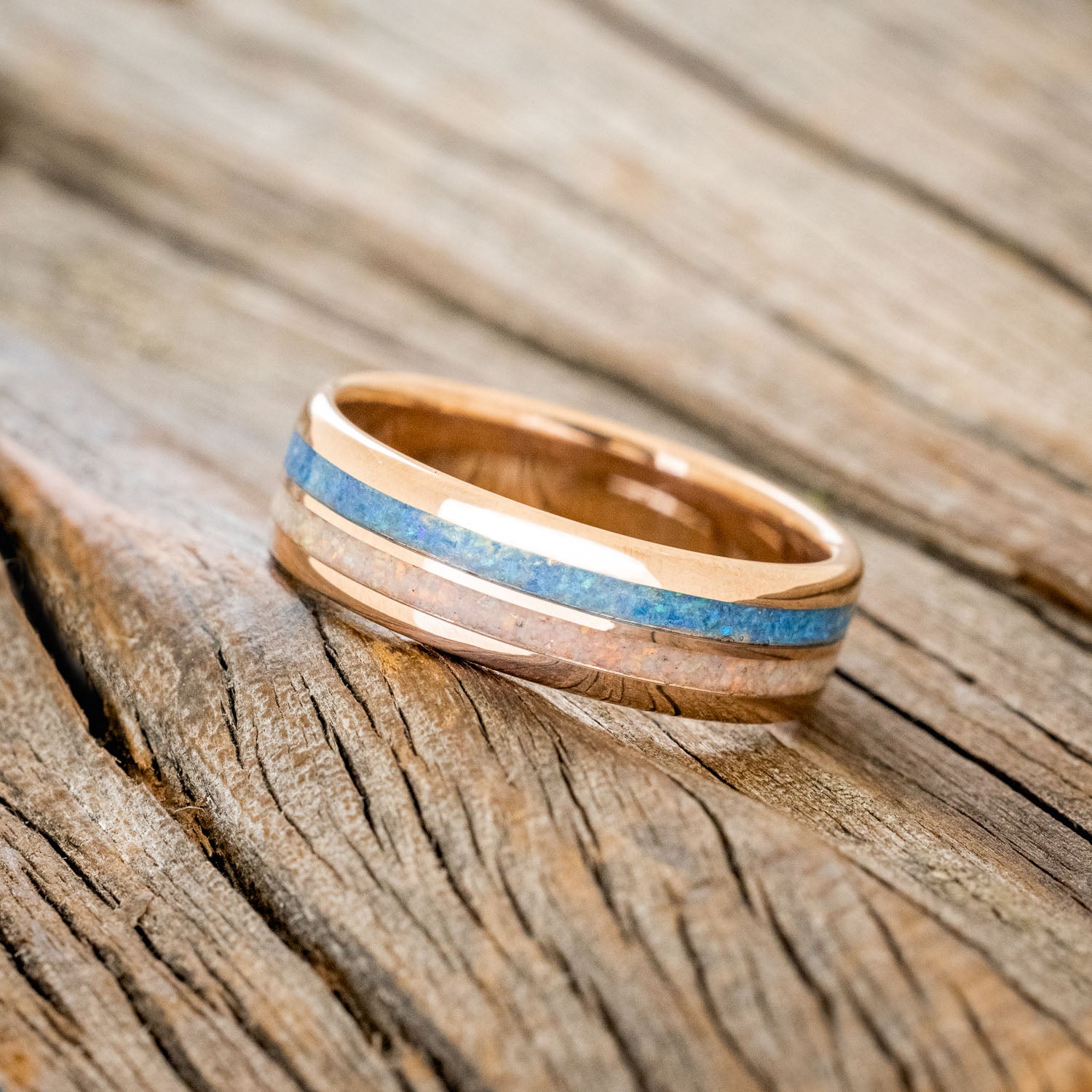 "COSMO" - BLUE OPAL & FIRE AND ICE OPAL WEDDING BAND FEATURING A 14K GOLD BAND-5