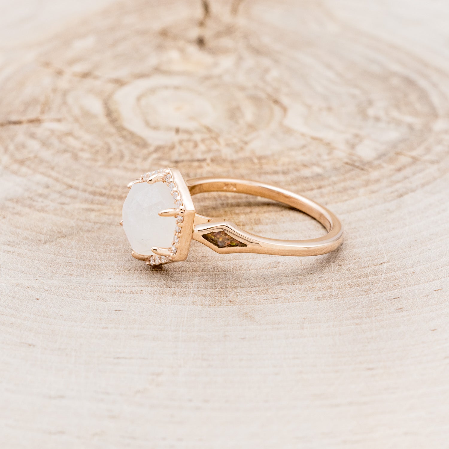 "CRAZY ON YOU" - HEXAGON MOONSTONE ENGAGEMENT RING WITH DIAMOND HALO & WHITE OPAL INLAYS-9