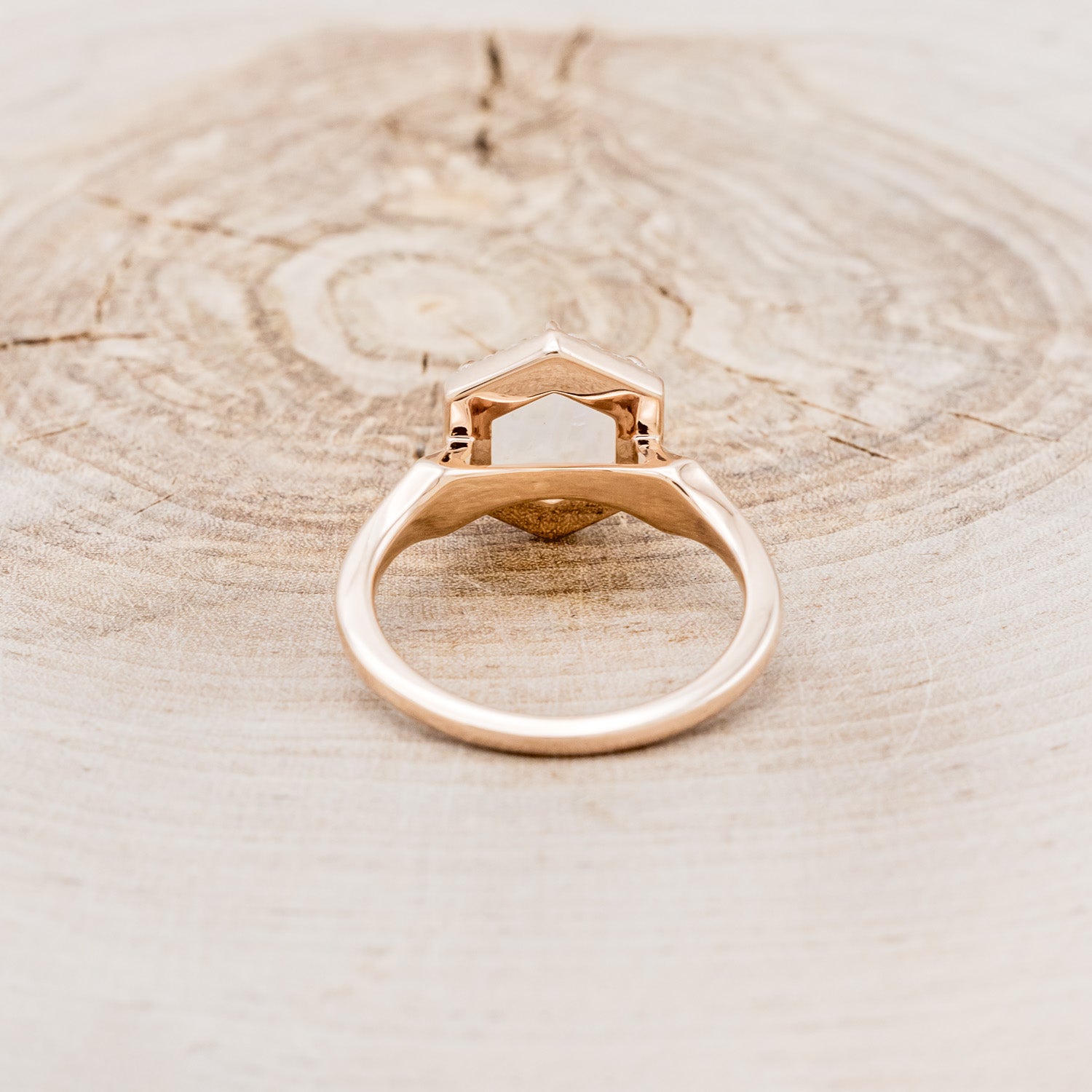 "CRAZY ON YOU" - HEXAGON MOONSTONE ENGAGEMENT RING WITH DIAMOND HALO & WHITE OPAL INLAYS-11