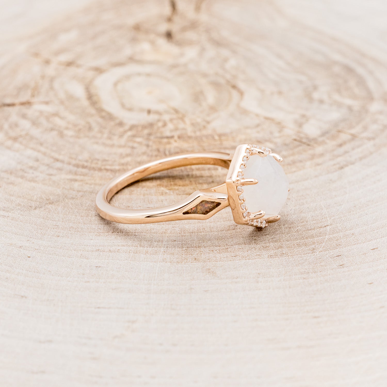 "CRAZY ON YOU" - HEXAGON MOONSTONE ENGAGEMENT RING WITH DIAMOND HALO & WHITE OPAL INLAYS-8