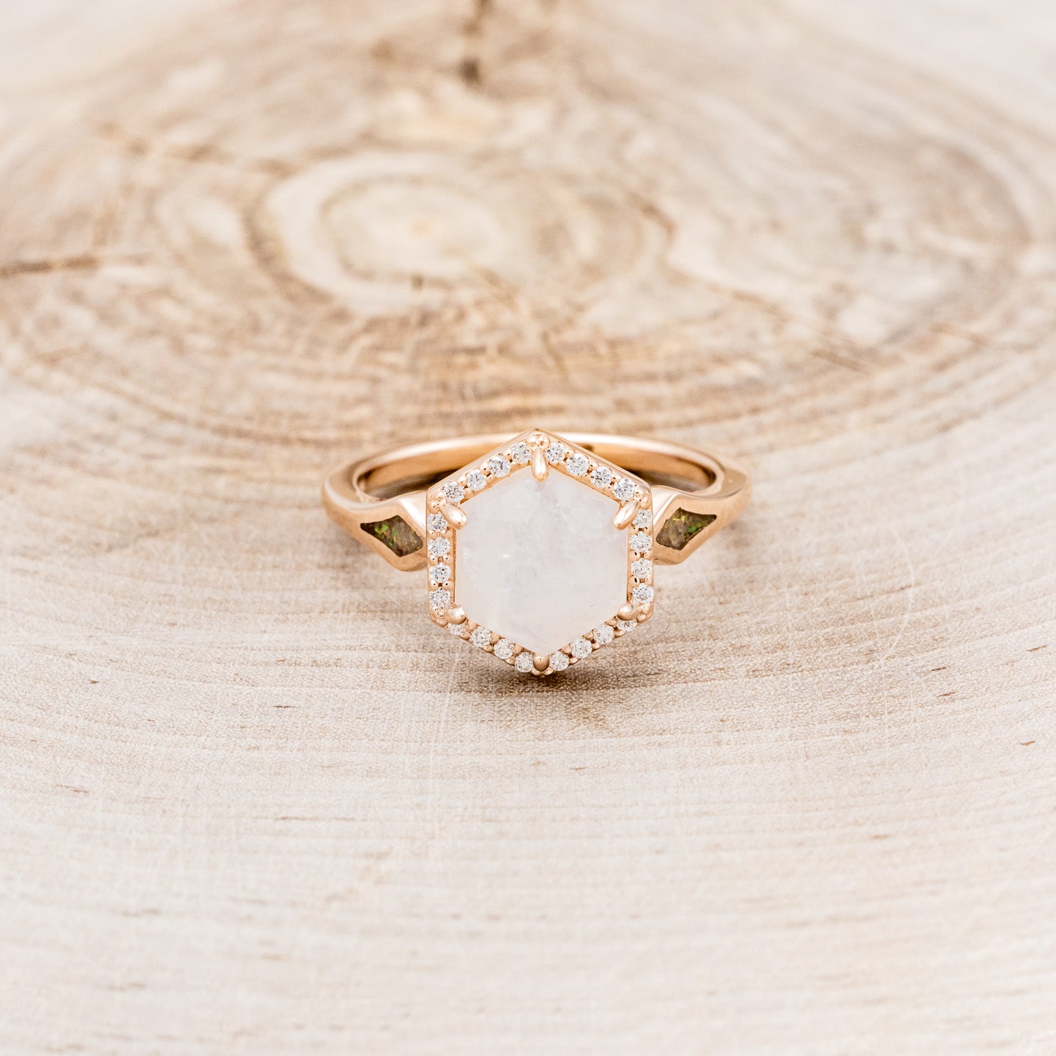 "CRAZY ON YOU" - HEXAGON MOONSTONE ENGAGEMENT RING WITH DIAMOND HALO & WHITE OPAL INLAYS-10