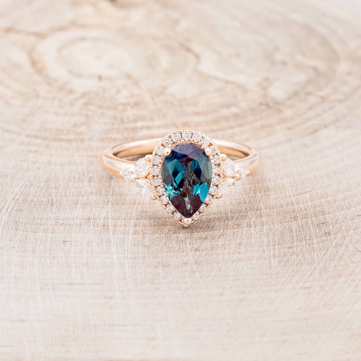 "DREAM" - PEAR-SHAPED LAB-GROWN ALEXANDRITE ENGAGEMENT RING WITH DIAMOND HALO & ACCENTS-4