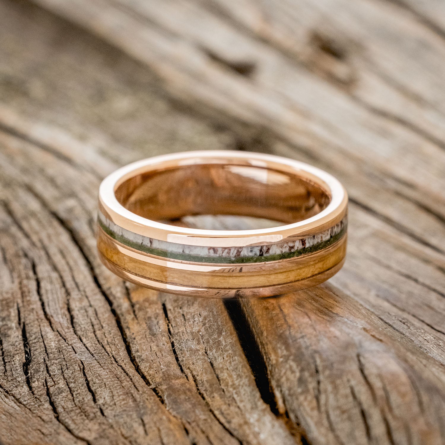 "DYAD" - MOSS, ANTLER & WHISKEY BARREL OAK WEDDING BAND-9