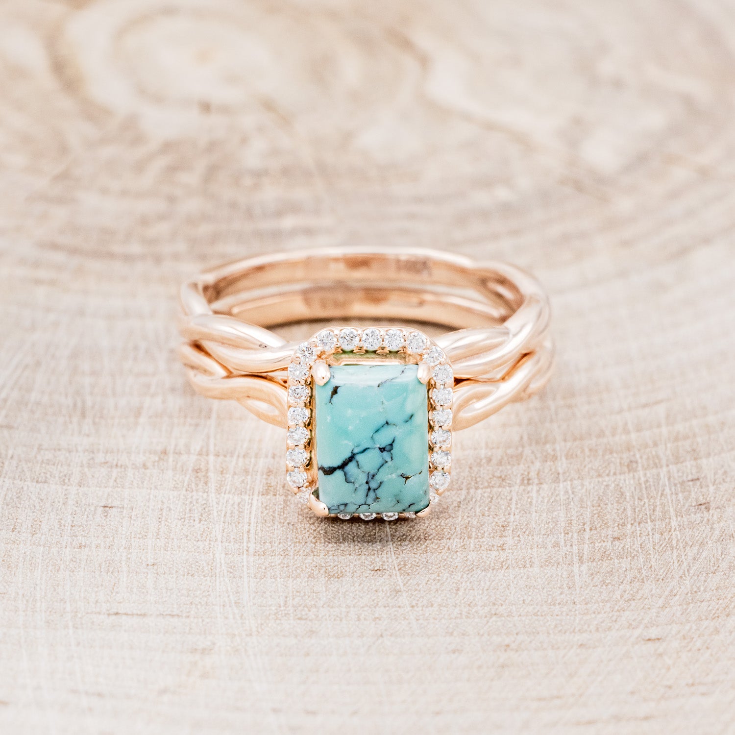 "EVERLEIGH" - EMERALD CUT TURQUOISE WEDDING BAND SET WITH DIAMOND HALO & TWISTED STACKING BAND-15