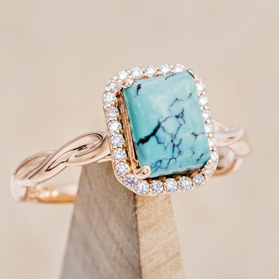 "EVERLEIGH" - EMERALD CUT TURQUOISE WEDDING BAND SET WITH DIAMOND HALO & TWISTED STACKING BAND-18