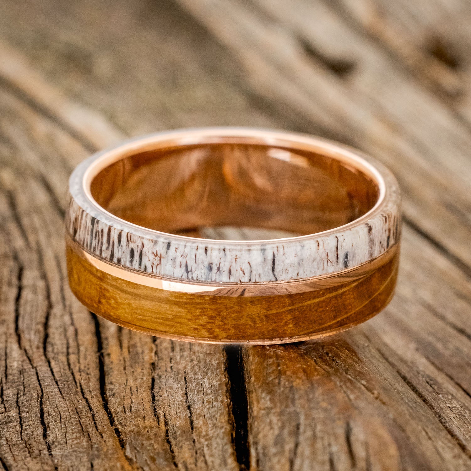 "GOLDEN" - WHISKEY BARREL OAK, ANTLER & 14K GOLD INLAY WEDDING BAND-8
