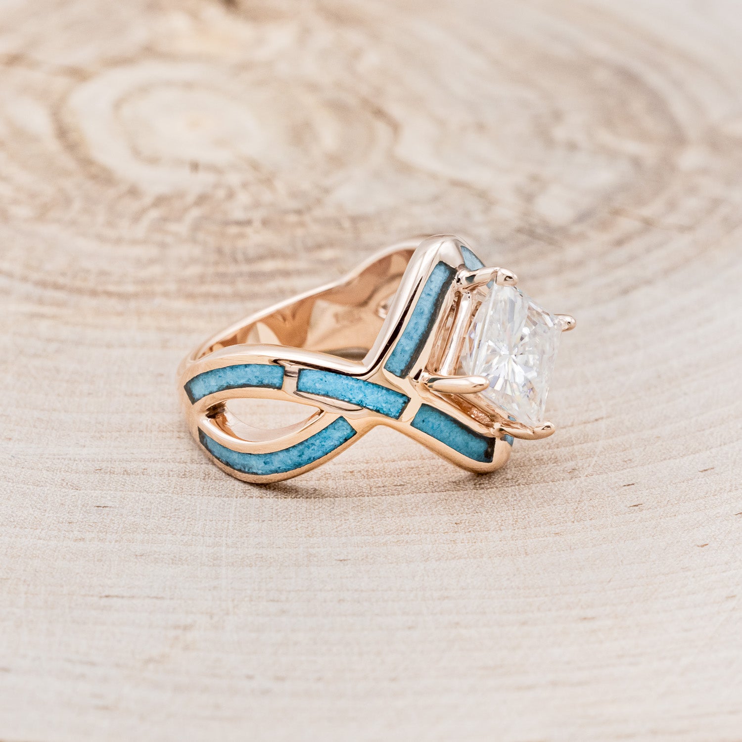 "HELIX" - PRINCESS CUT MOISSANITE ENGAGEMENT RING WITH TURQUOISE INLAYS & DIAMOND TRACER-24