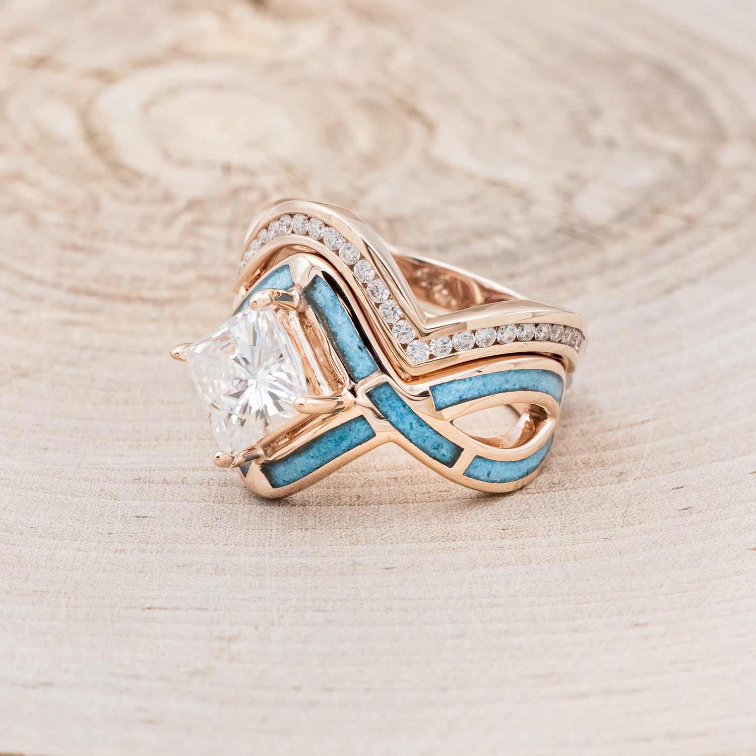 "HELIX" - PRINCESS CUT MOISSANITE ENGAGEMENT RING WITH TURQUOISE INLAYS & DIAMOND TRACER-19