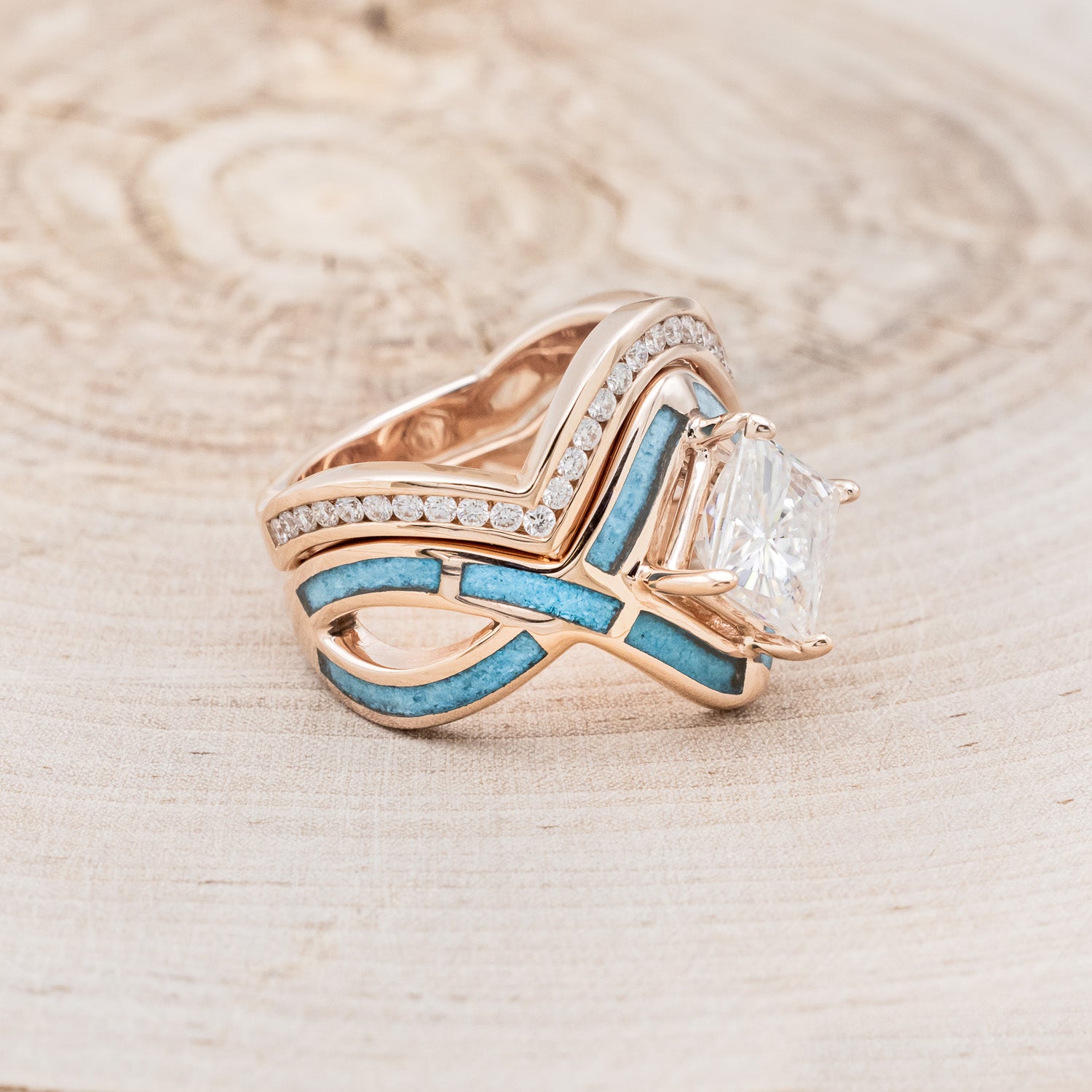 "HELIX" - PRINCESS CUT MOISSANITE ENGAGEMENT RING WITH TURQUOISE INLAYS & DIAMOND TRACER-18