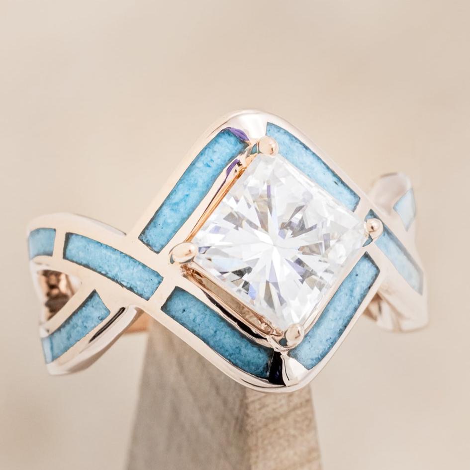"HELIX" - PRINCESS CUT MOISSANITE ENGAGEMENT RING WITH TURQUOISE INLAYS & DIAMOND TRACER-23