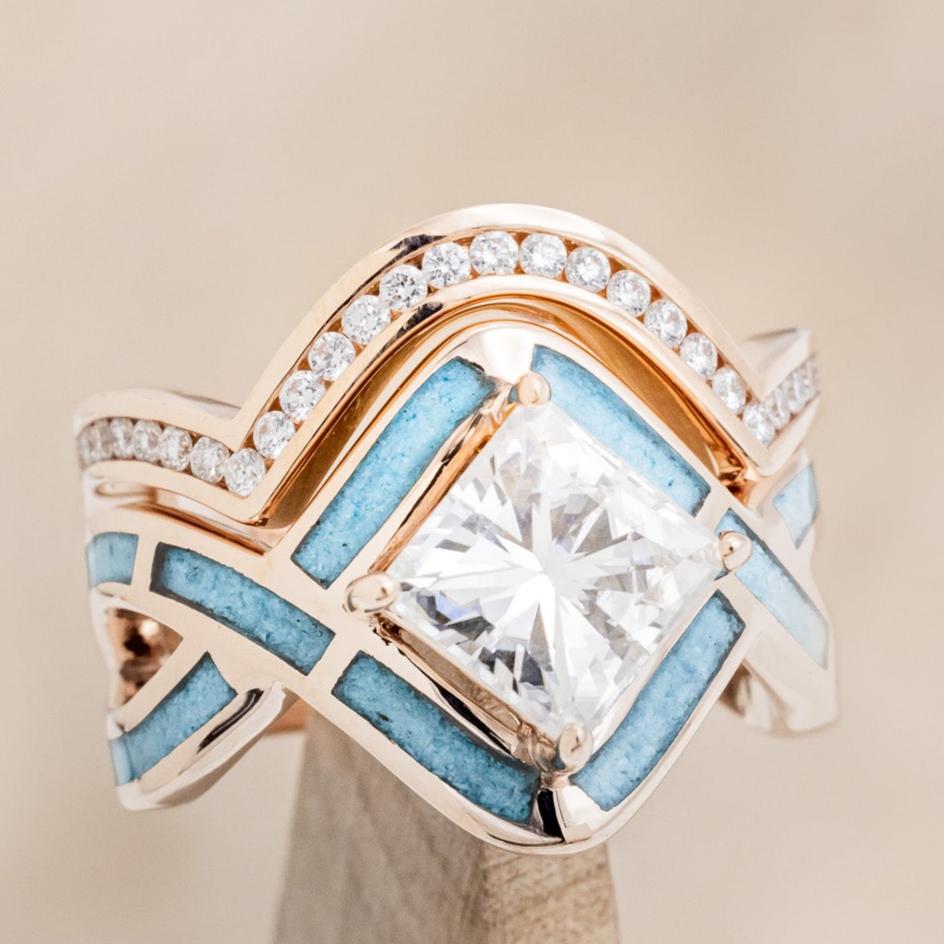 "HELIX" - PRINCESS CUT MOISSANITE ENGAGEMENT RING WITH TURQUOISE INLAYS & DIAMOND TRACER-17