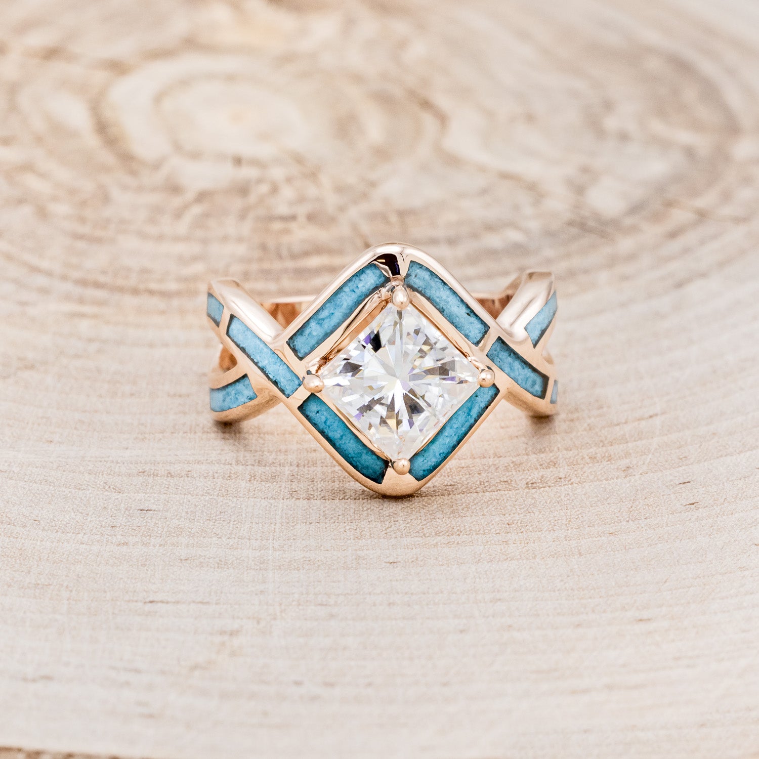 "HELIX" - PRINCESS CUT MOISSANITE ENGAGEMENT RING WITH TURQUOISE INLAYS & DIAMOND TRACER-26