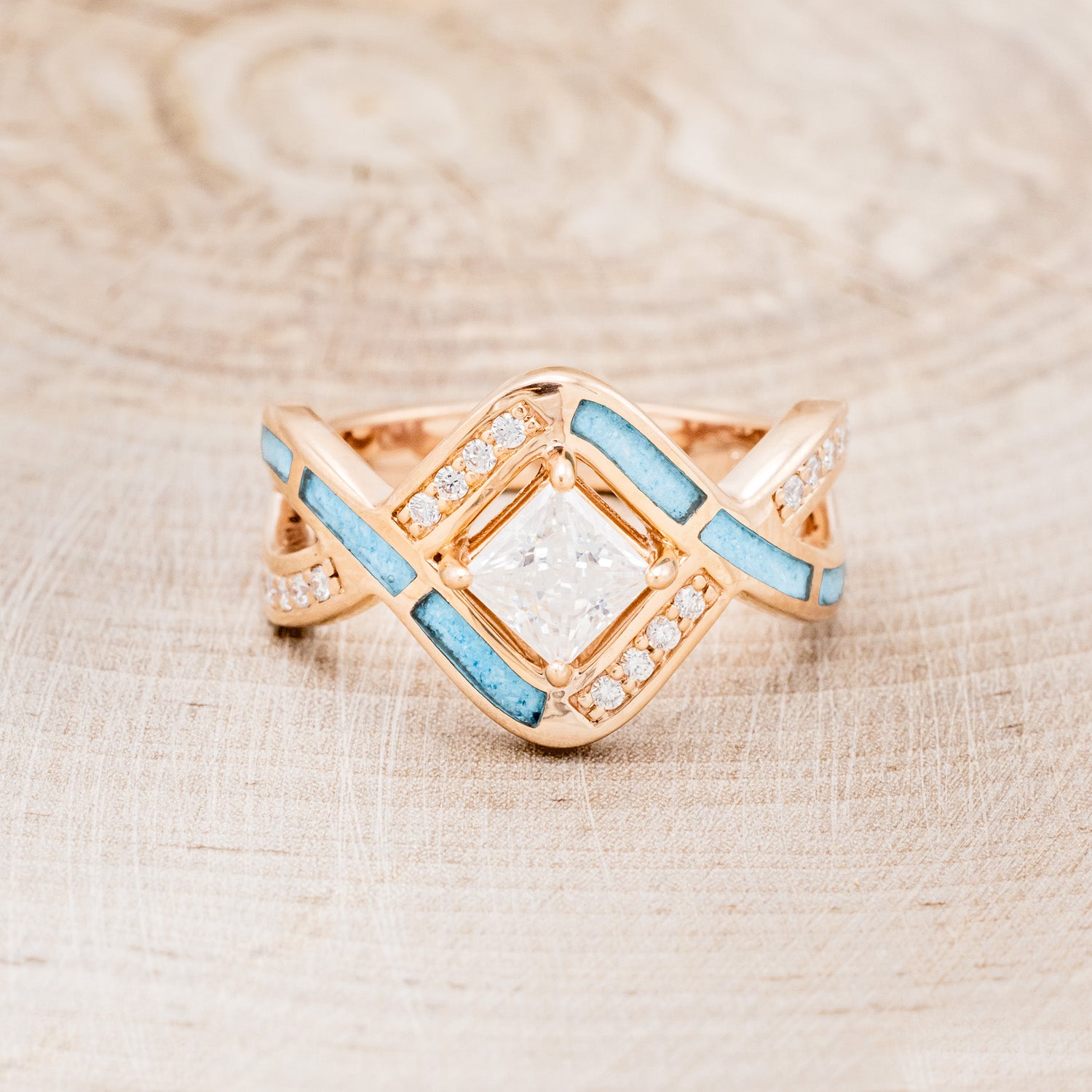 "HELIX" - PRINCESS CUT MOISSANITE ENGAGEMENT RING WITH DIAMOND ACCENTS & TURQUOISE INLAYS-10