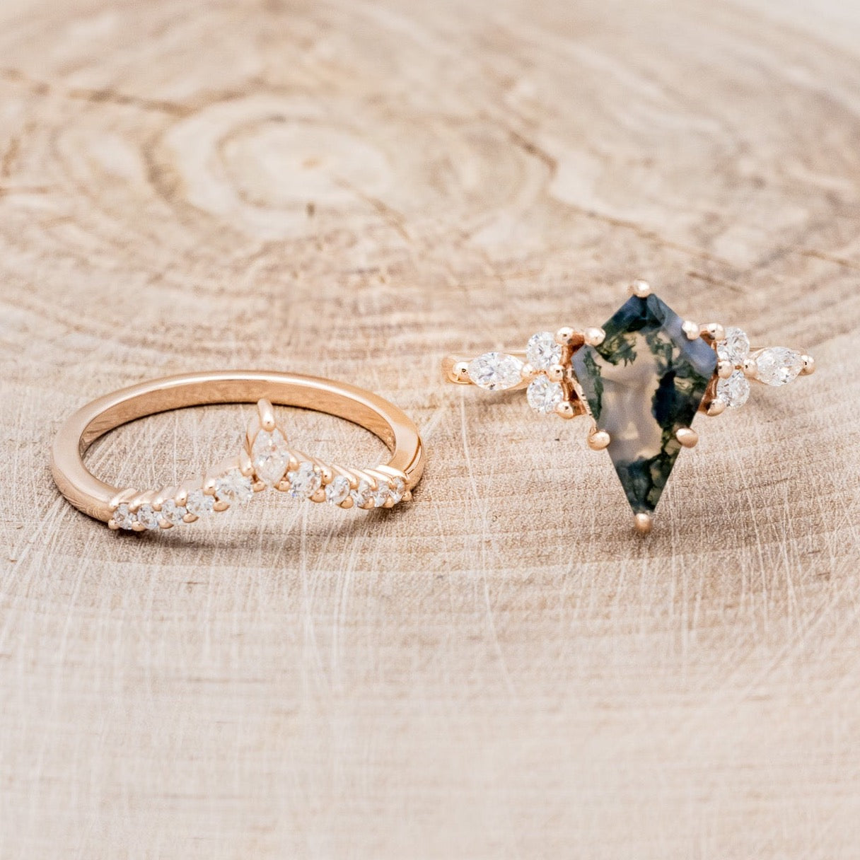 "SAGE" - KITE CUT MOSS AGATE ENGAGEMENT RING WITH DIAMOND ACCENTS & DIAMOND TRACER-6