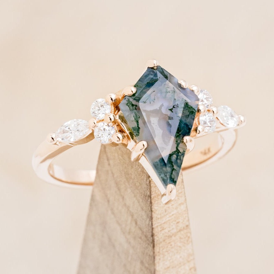 "SAGE" - KITE CUT MOSS AGATE ENGAGEMENT RING WITH DIAMOND ACCENTS & DIAMOND TRACER-7