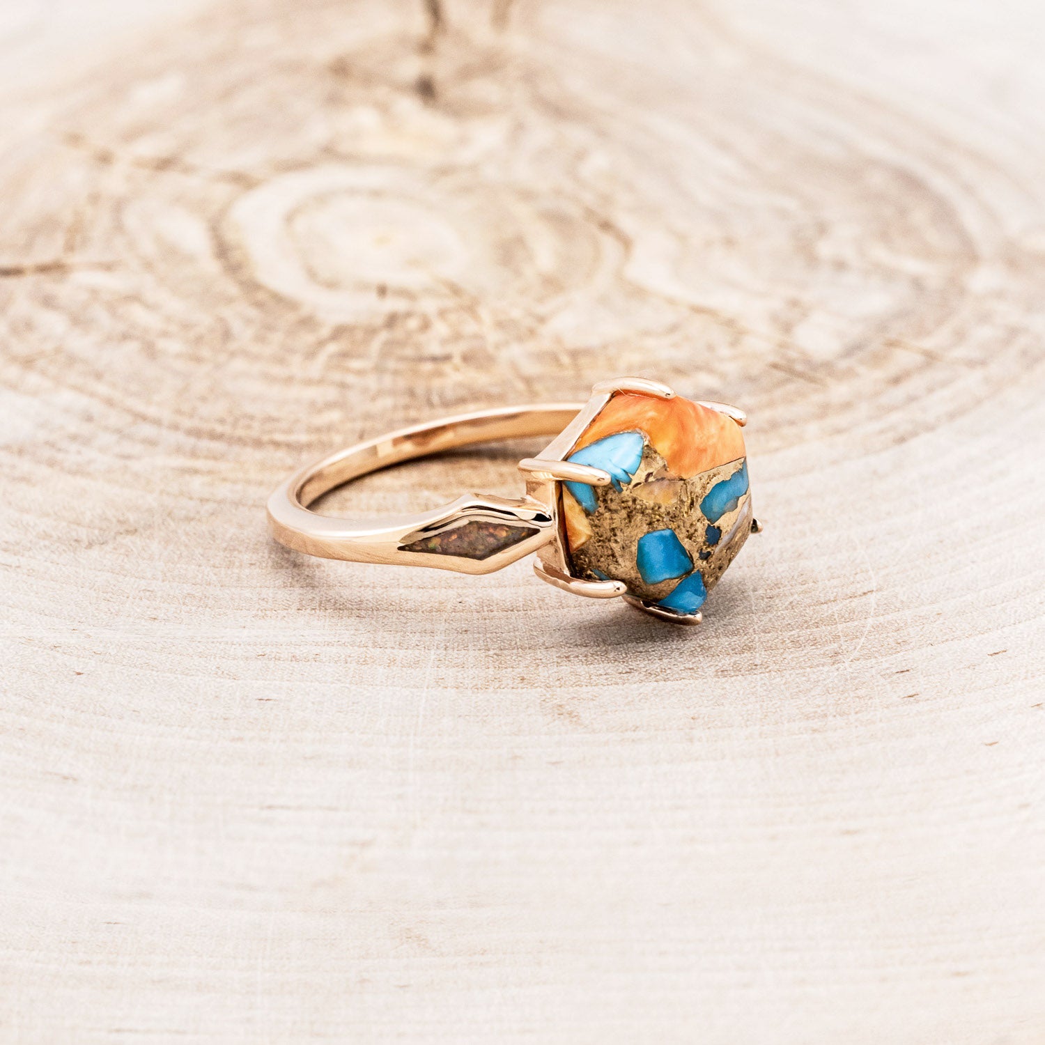 "LOVE STORY" - HEXAGON SPINY OYSTER TURQUOISE ENGAGEMENT RING WITH FIRE & ICE OPAL INLAYS-2