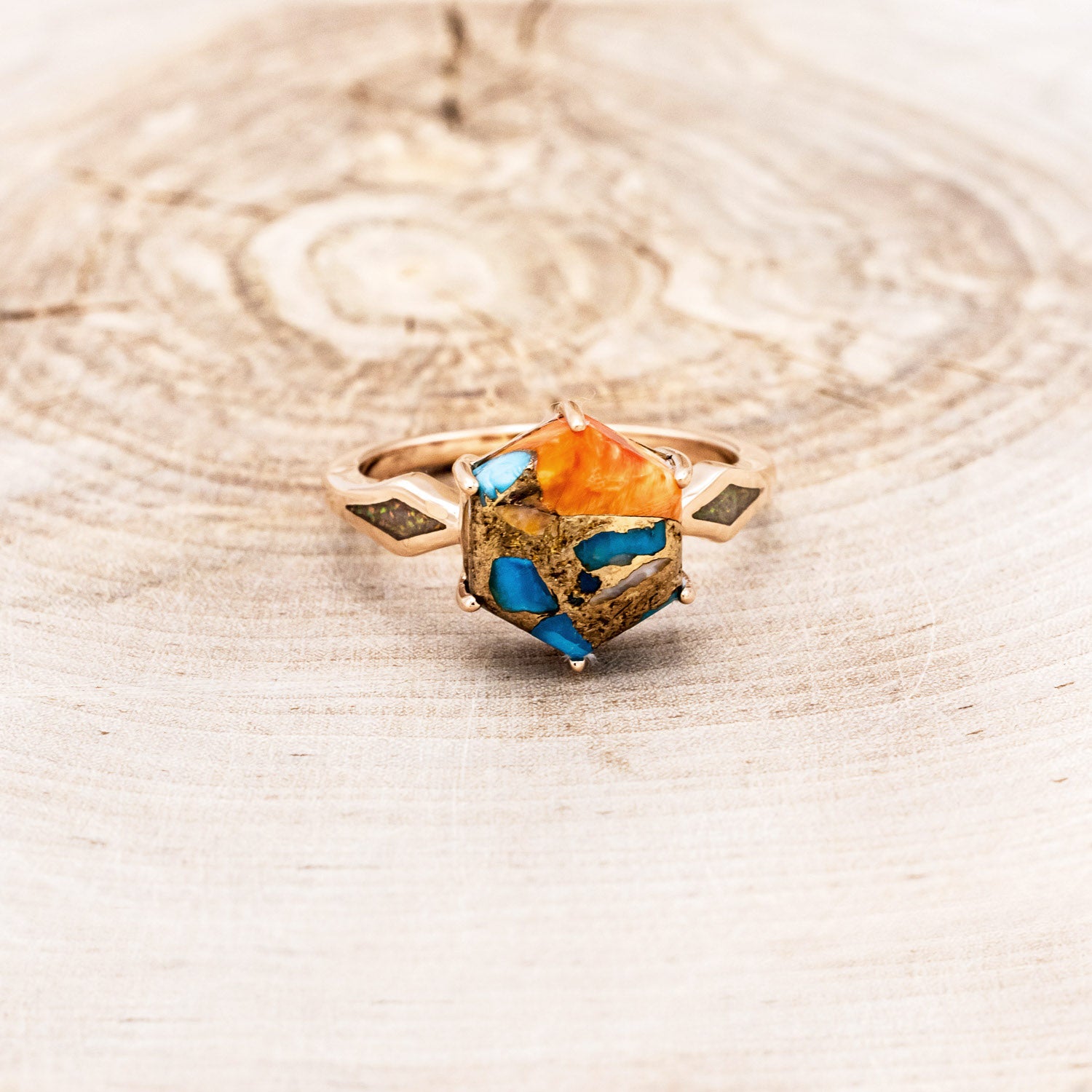 "LOVE STORY" - HEXAGON SPINY OYSTER TURQUOISE ENGAGEMENT RING WITH FIRE & ICE OPAL INLAYS-4