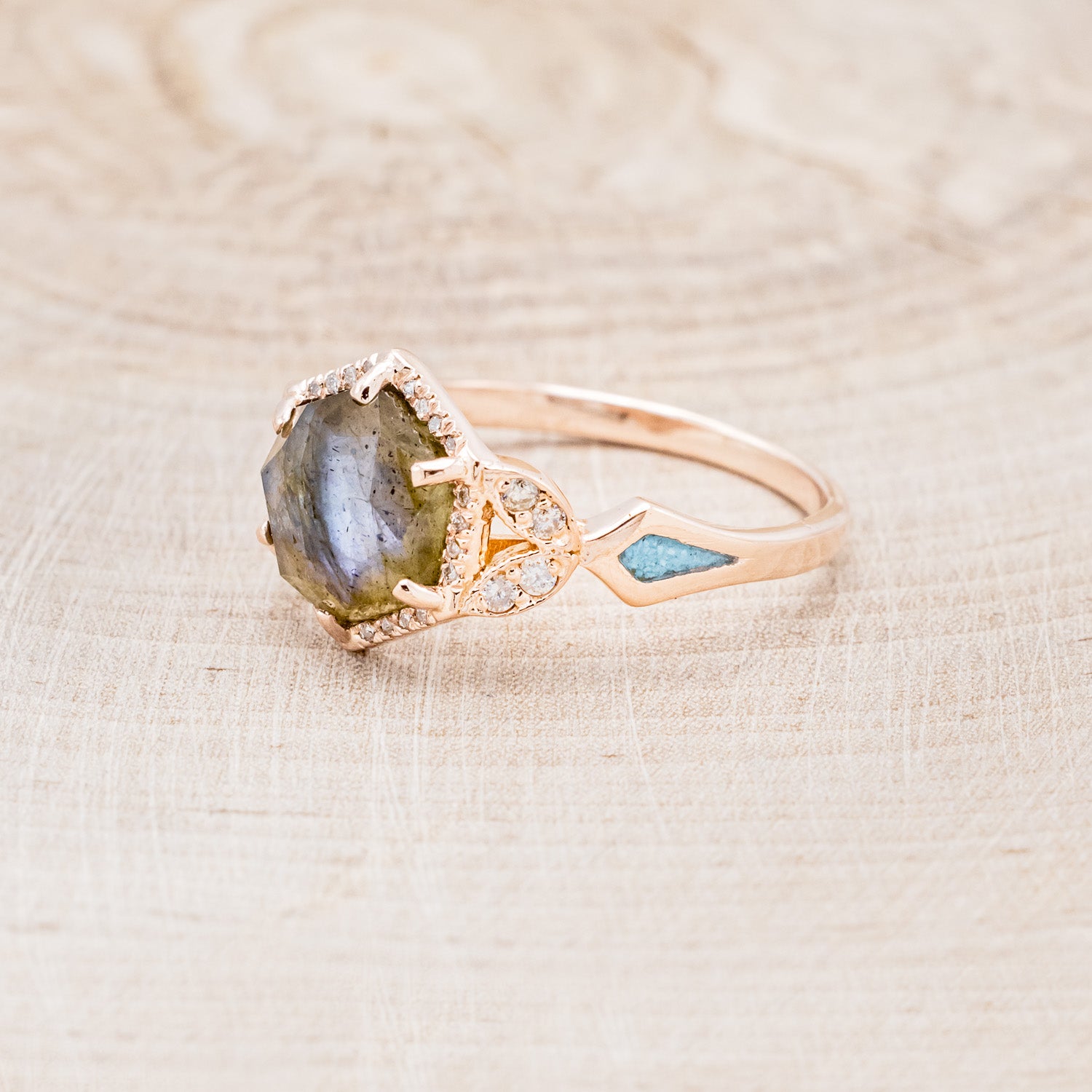 "LUCY IN THE SKY" - HEXAGON LABRADORITE ENGAGEMENT RING WITH DIAMOND ACCENTS & TURQUOISE INLAYS-9