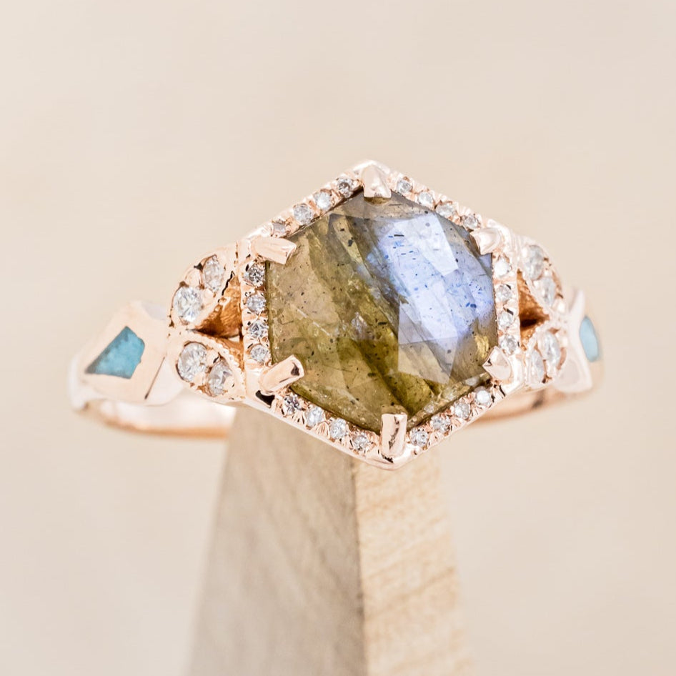 "LUCY IN THE SKY" - HEXAGON LABRADORITE ENGAGEMENT RING WITH DIAMOND ACCENTS & TURQUOISE INLAYS-7
