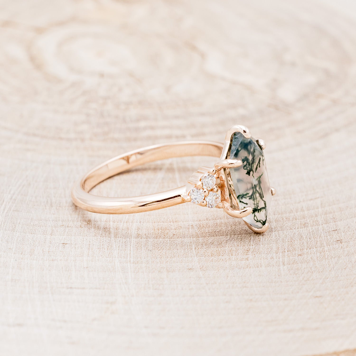 "OCTAVIA" - ELONGATED HEXAGON MOSS AGATE ENGAGEMENT RING WITH DIAMOND ACCENTS - EXPEDITED-3