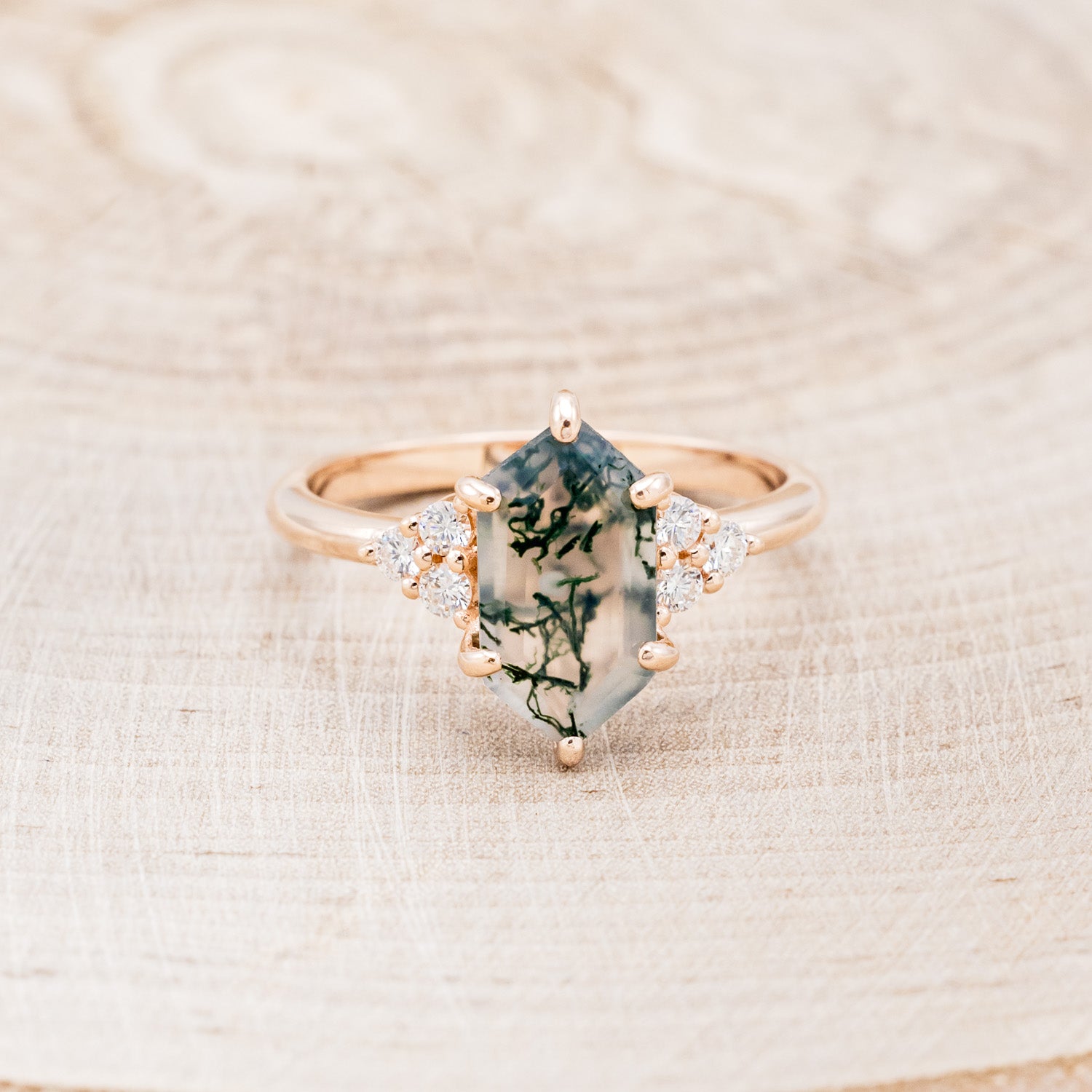 "OCTAVIA" - ELONGATED HEXAGON MOSS AGATE ENGAGEMENT RING WITH DIAMOND ACCENTS - EXPEDITED-2