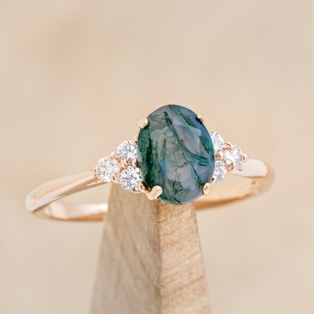 "RHEA" - OVAL MOSS AGATE ENGAGEMENT RING WITH DIAMOND ACCENTS-7