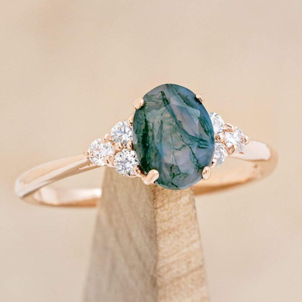 "RHEA" - OVAL MOSS AGATE ENGAGEMENT RING WITH DIAMOND ACCENTS-7