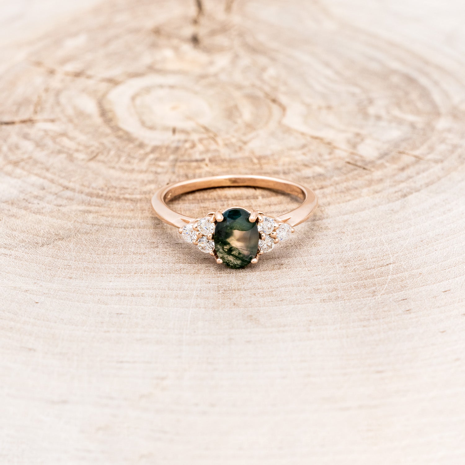 "RHEA" - OVAL MOSS AGATE ENGAGEMENT RING WITH DIAMOND ACCENTS-9