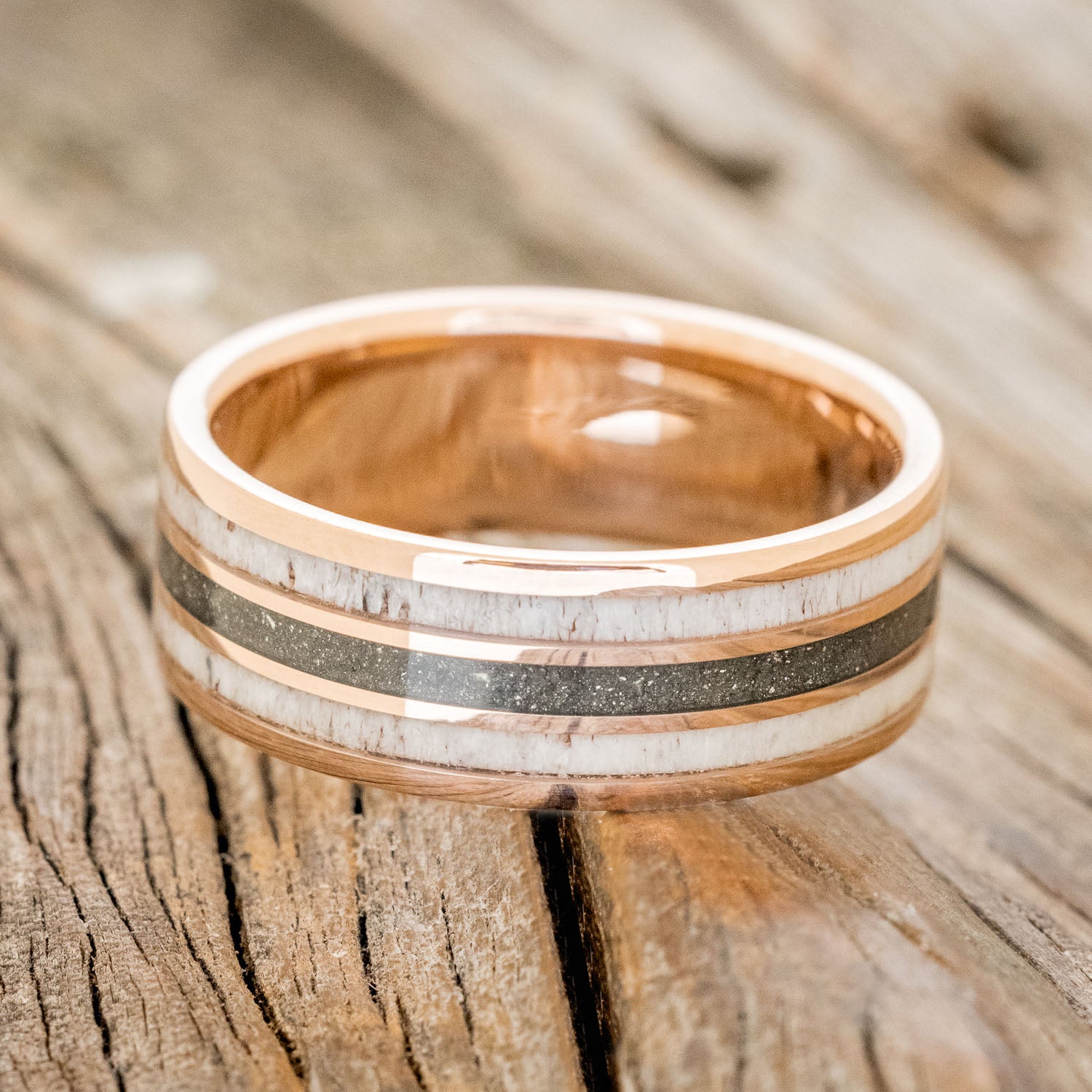 "RIO" - ANTLER & PYRITE INLAYS WEDDING BAND-7