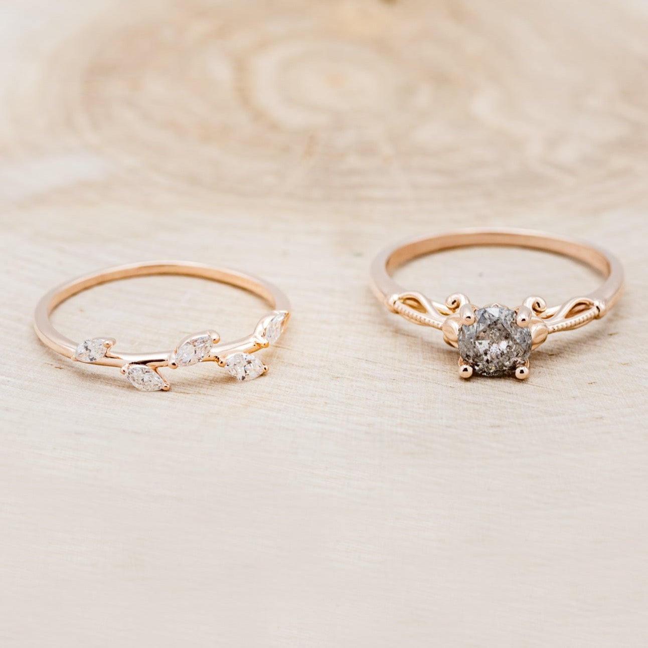 "ROSEMARY" - ENGAGEMENT RING WITH FLORAL DIAMOND STACKING BAND - MOUNTING ONLY - SELECT YOUR OWN STONE-6