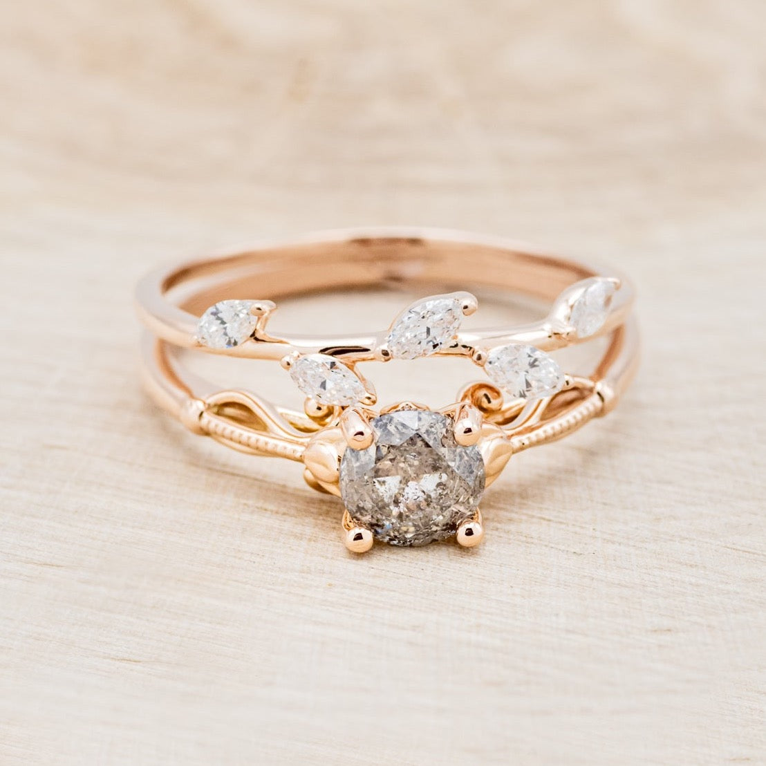 "ROSEMARY" - ENGAGEMENT RING WITH FLORAL DIAMOND STACKING BAND - MOUNTING ONLY - SELECT YOUR OWN STONE-5