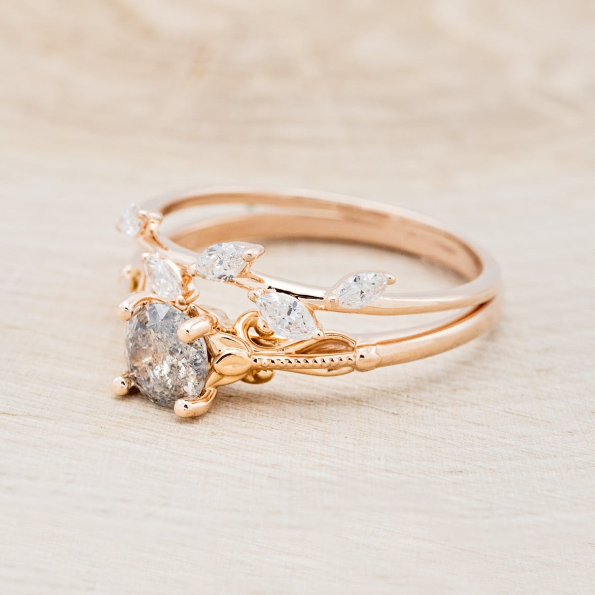 "ROSEMARY" - ENGAGEMENT RING WITH FLORAL DIAMOND STACKING BAND - MOUNTING ONLY - SELECT YOUR OWN STONE-4