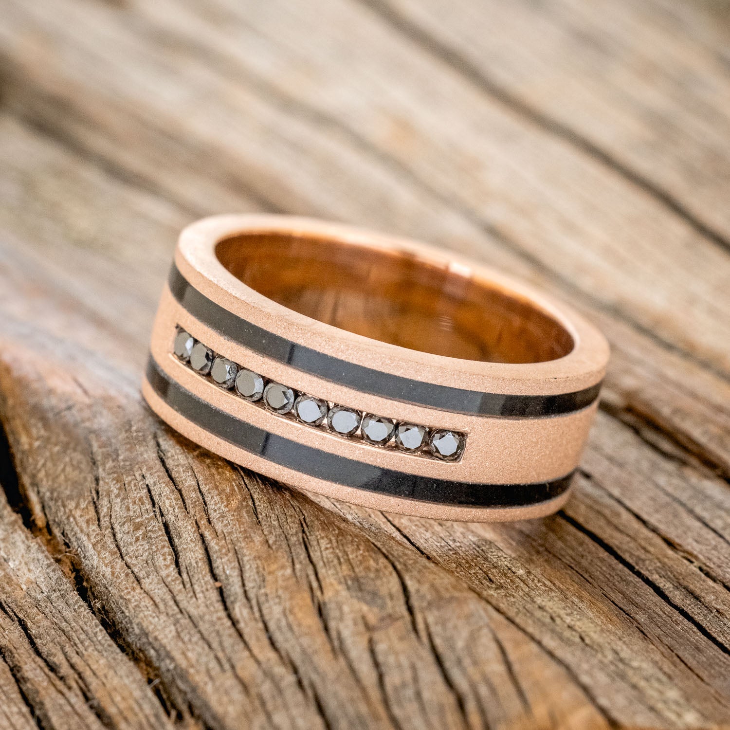 "RYDER" - BLACK DIAMONDS & JET STONE INLAYS WEDDING BAND WITH A SANDBLASTED FINISH-2