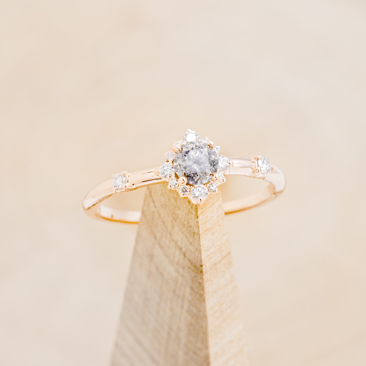 "STARLA" - ROUND CUT SALT & PEPPER DIAMOND ENGAGEMENT RING WITH STARBURST DIAMOND HALO - EXPEDITED-6
