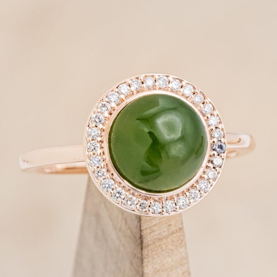 "TERRA" - ROUND CUT JADE ENGAGEMENT RING WITH DIAMOND HALO-7