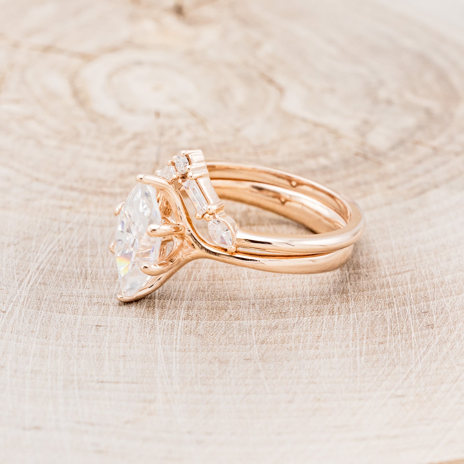 "TULIP" - MARQUISE MOISSANITE ENGAGEMENT RING WITH "MELODY" DIAMOND STACKING BAND-3