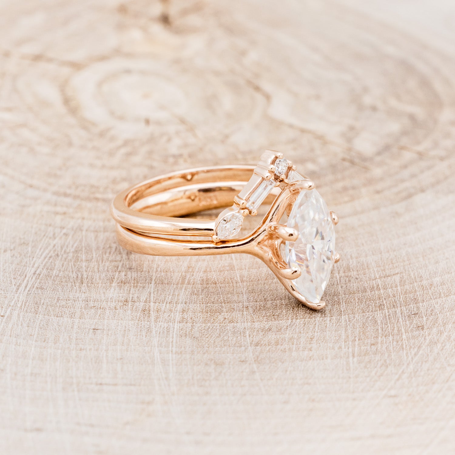 "TULIP" - MARQUISE MOISSANITE ENGAGEMENT RING WITH "MELODY" DIAMOND STACKING BAND-2