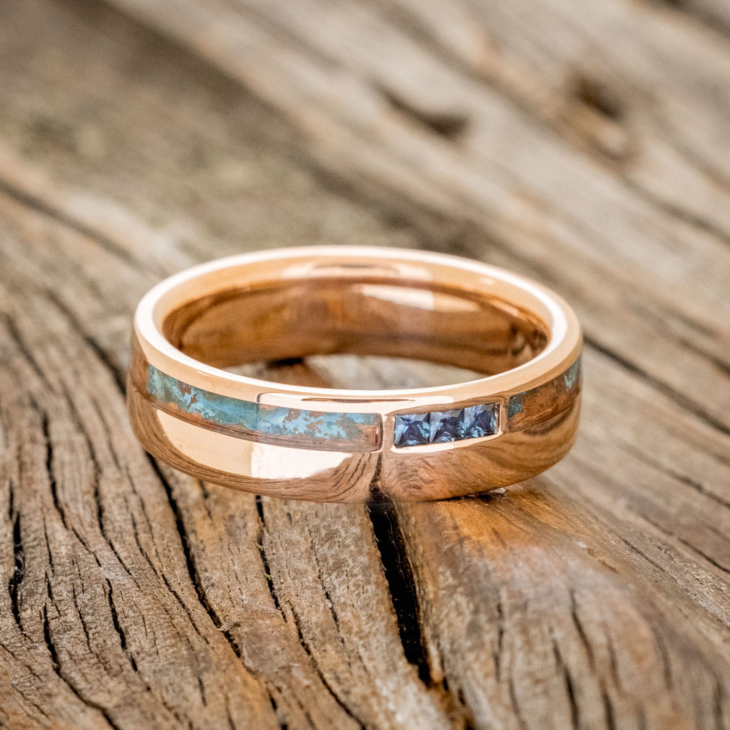 "JULIAN" - PATINA COPPER & LAB GROWN ALEXANDRITE WEDDING BAND-3