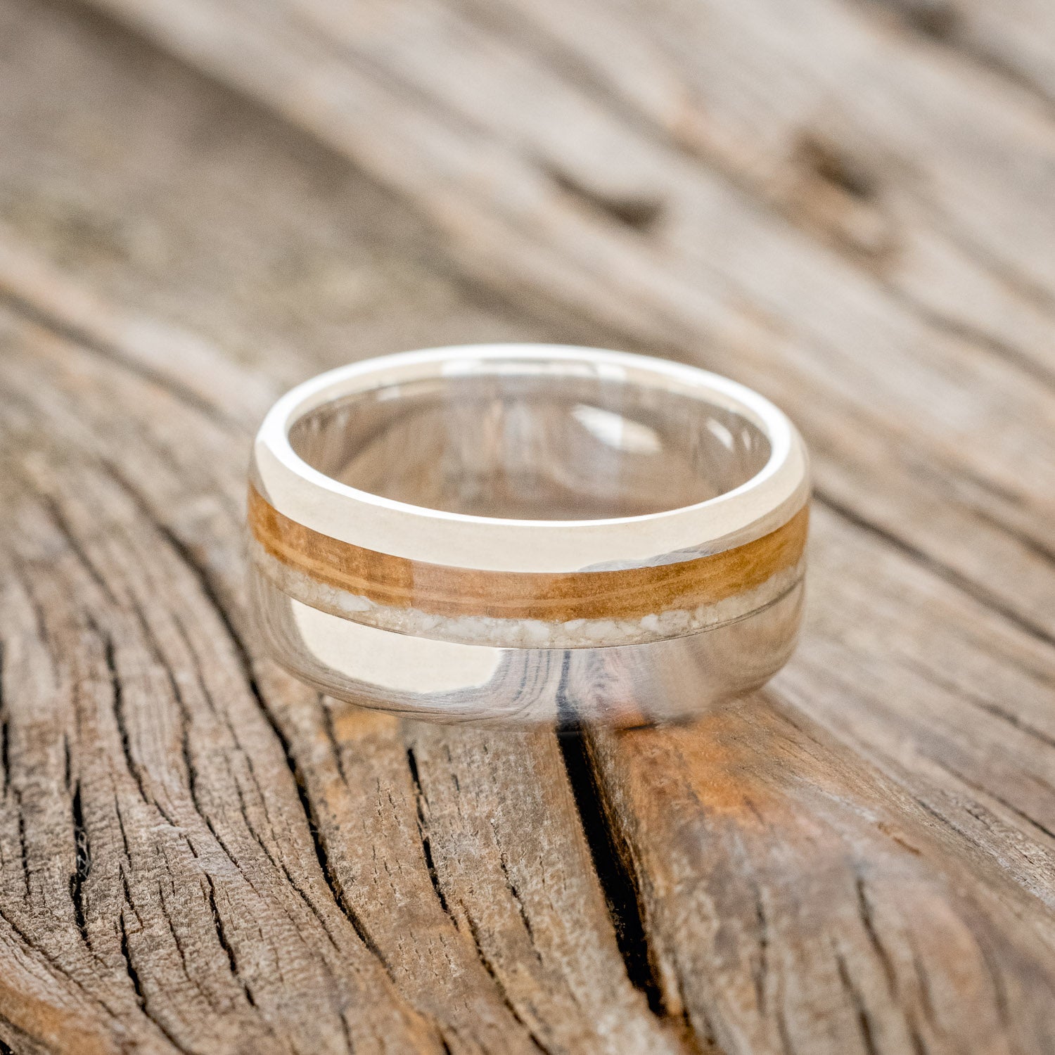 "CASTOR" - ELK TOOTH IVORY & WHISKEY BARREL OAK WEDDING RING-6