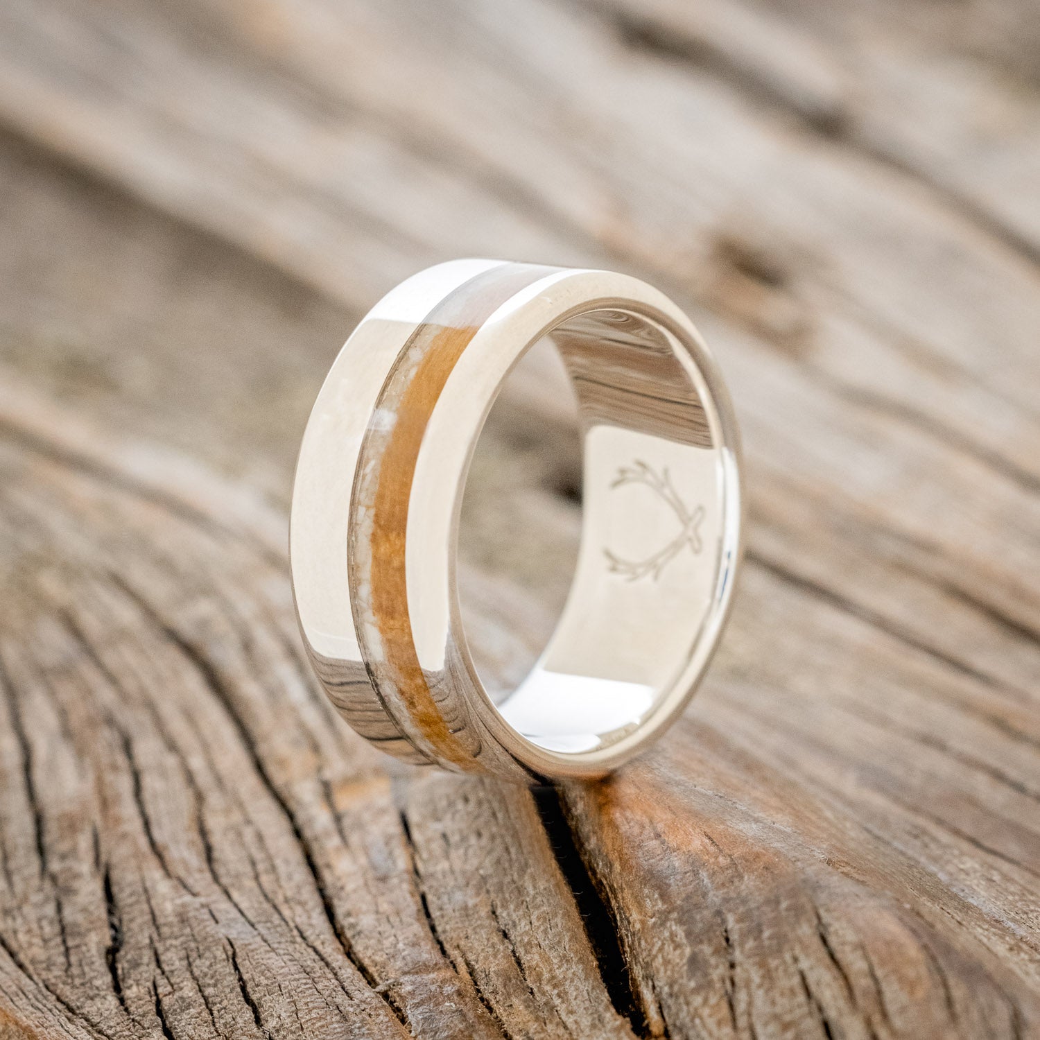 "CASTOR" - ELK TOOTH IVORY & WHISKEY BARREL OAK WEDDING RING-4