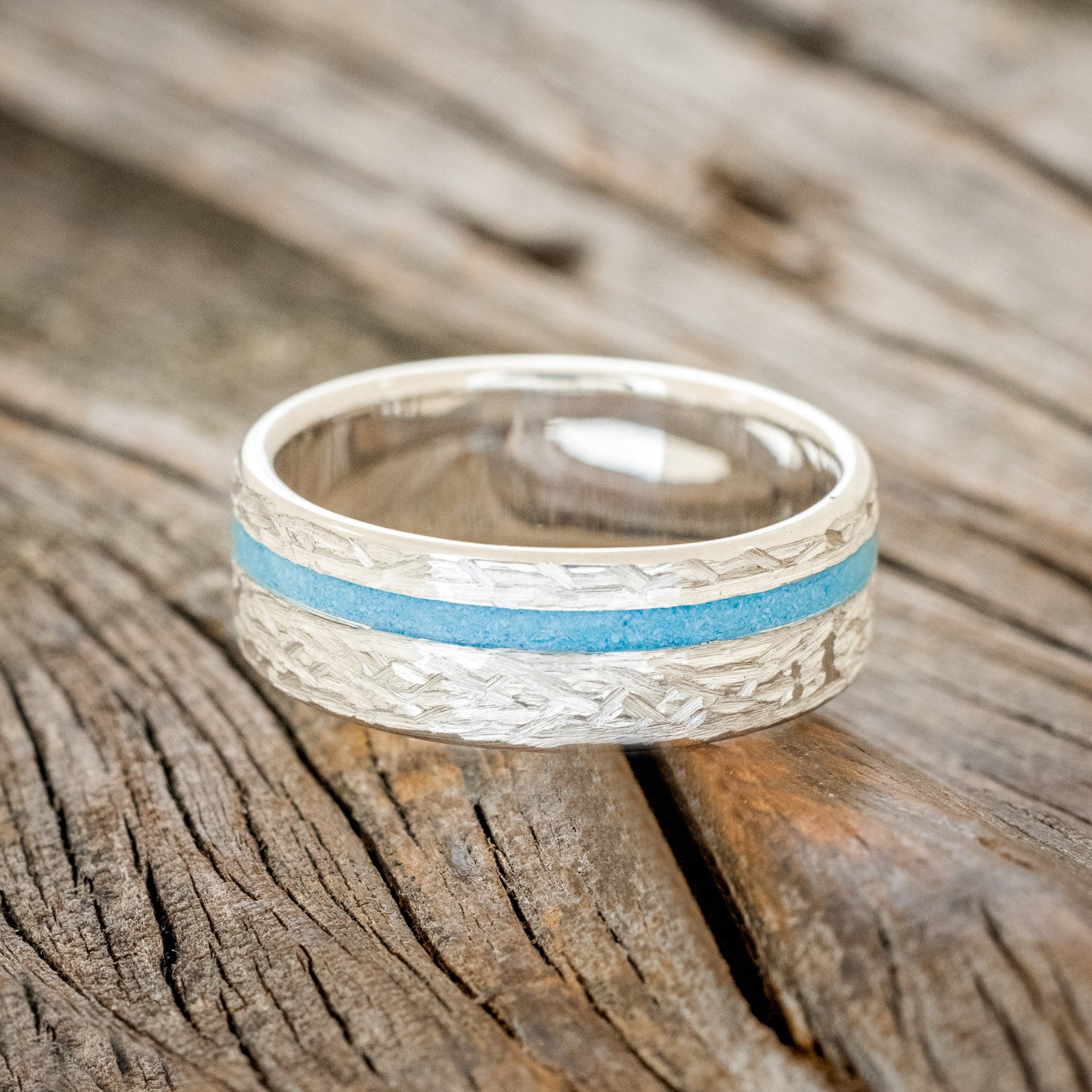 "VERTIGO" - TURQUOISE WEDDING BAND WITH CROSSHATCHED FINISH-7
