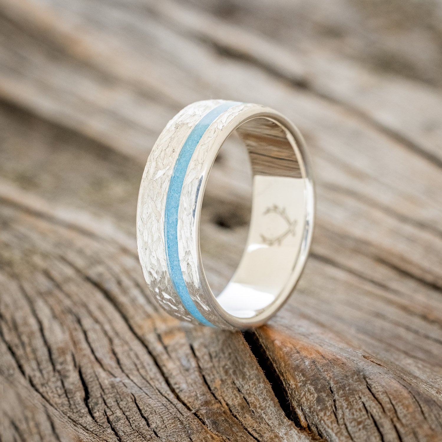 "VERTIGO" - TURQUOISE WEDDING BAND WITH CROSSHATCHED FINISH-5