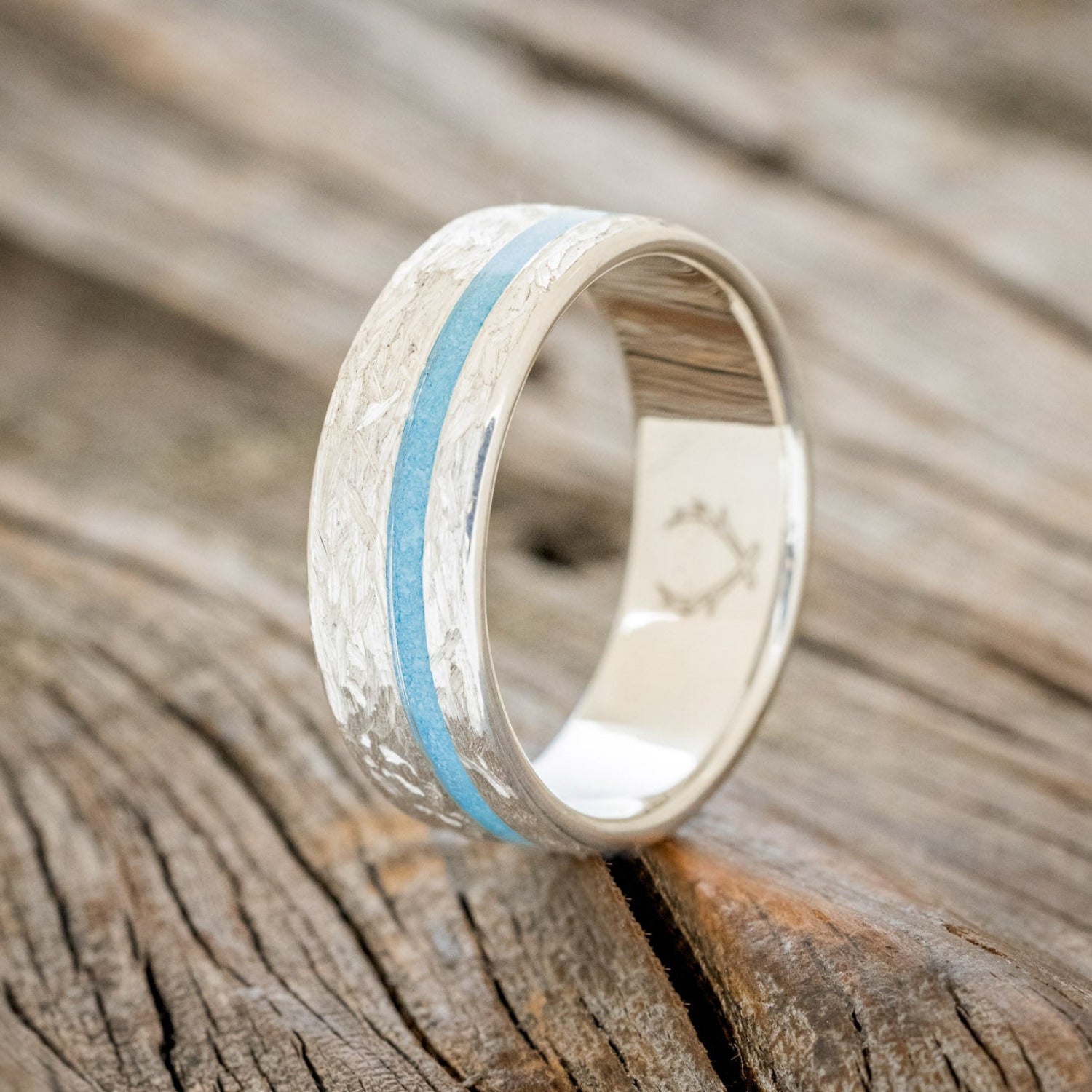 "VERTIGO" - TURQUOISE WEDDING BAND WITH CROSSHATCHED FINISH-5