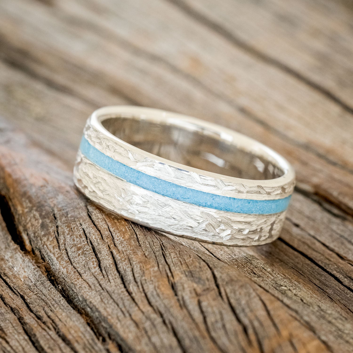 "VERTIGO" - TURQUOISE WEDDING BAND WITH CROSSHATCHED FINISH-6