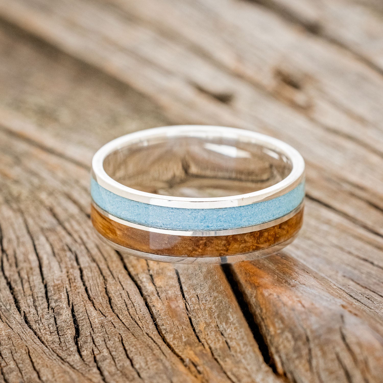 "DYAD" - WHISKEY BARREL OAK & TURQUOISE WEDDING BAND-3