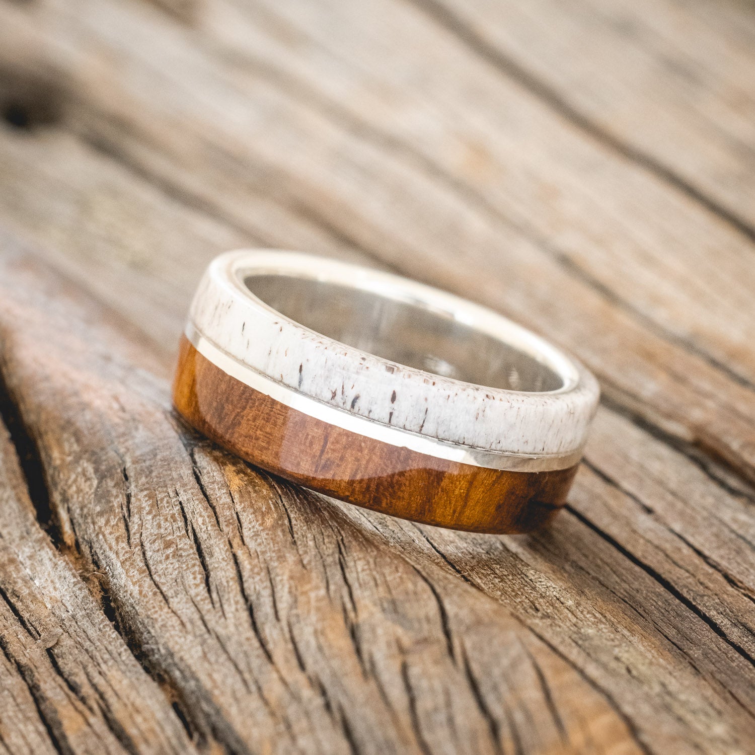 "GOLDEN" - IRONWOOD & ELK ANTLER WEDDING RING-5